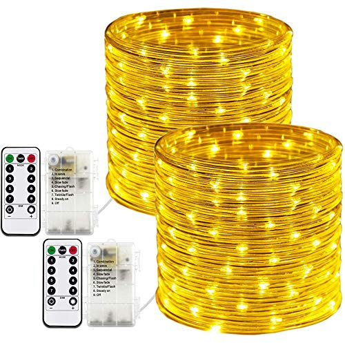 RcStarry Outdoor Rope/Wire Lights Warm White, 33Ft 8 Modes Battery Operated Dia 3MM Rope Lights Outdoor Waterproof Fairy Lights with Remote Control for Tree Bedroom Christmas Garden Decoration, 2 Pack