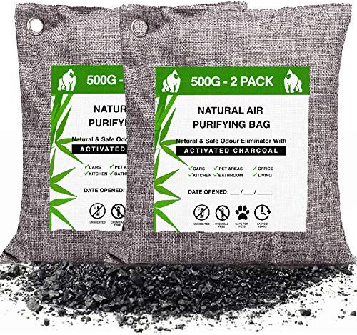 Odour Eliminator Absorber Air Purifier Bags (2 pack, 500g Each) Air Purifying Bag & Activated Charcoal Bamboo Air Freshner, Pet Odour Eliminator, for Dog Cat Urine Bath Car Office Living Kitchen