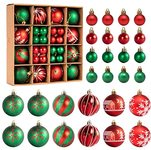 44 Stück Weihnachtsbaumkugeln, Weihnachtskugeln Kunststoff Set, Wetterfeste Weihnachtskugeln, für Festival Dekore Weihnachtsbaumschmuck, Traditionelles Thema Rot Grün