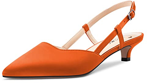 Castamere Bas Kitten Talon Heel Pointu Bout Escarpins Femmes Slingback Slip-on Sandales Mariage Bureau Party Dress 3.5 CM Heels Orange Satin 45 EU