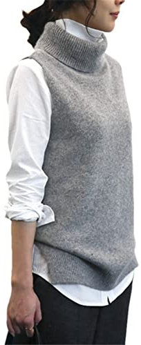 Maglione Pullover Senza Maniche a Collo Alto da Donna 100% Cashmere Lavorato a Maglia Tinta Unita Gilet, grigio, L