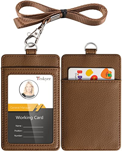 Teskyer Card Holder with Lanyard, ID Badge Holder, Oyster Card Holder, Bus Pass Holder, with Clear Window, Holding 2 Cards, PU Leather, Brown