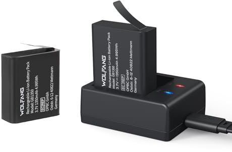 WOLFANG Kit di Ricarica Doppio con 2 Batterie 1350mAh, Hub di Ricarica USB-C per Action Cam GA100, GA120, GA200, GA300​, SF230, Ek7000