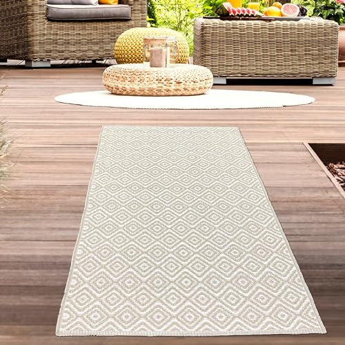 CARPETIA Outdoor Vorzelt Teppich Plastik wetterfest wasserfest pflegeleicht modern Camping Wohnmobil Läufer Rautenmuster beige 90 x 150 cm