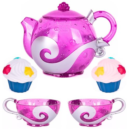 Princess Tea & Treats Water Toy Set - Girls Bath & Pool Tea Party Playset - Teapot, 2 Tea Cups, and 2 Silicone Cupcakes That Spray Water - Water Safe Toys - Toddler Summer Princess Party Favor & Decor