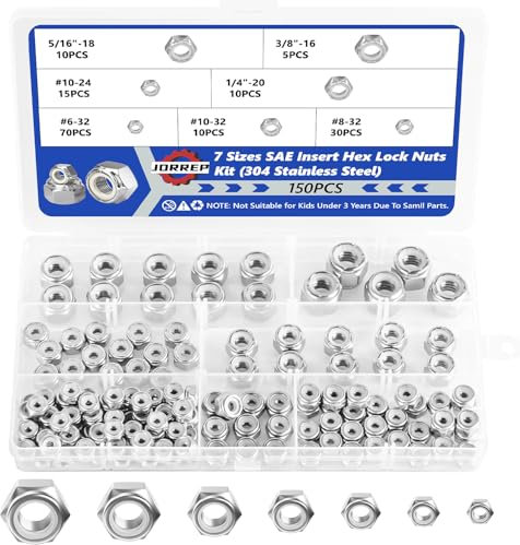 Lock Nuts, 150Pcs Hex Locknuts Assortment Kit, 304 Stainless Steel Metric Nylon Insert Lock Nuts Kit, 7 Size-6#32 8#32 10#24 10#32 5/16-18 3/8-16 1/4-20 Hex Nut & Locknuts Set for Industrial & Home