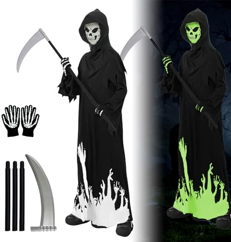 SilverChry Costume da Scheletro per Bambini, Tuta Mietitore con Falce, Triste Mietitore Halloween, Cosplay Grim Reaper (Nero-L)