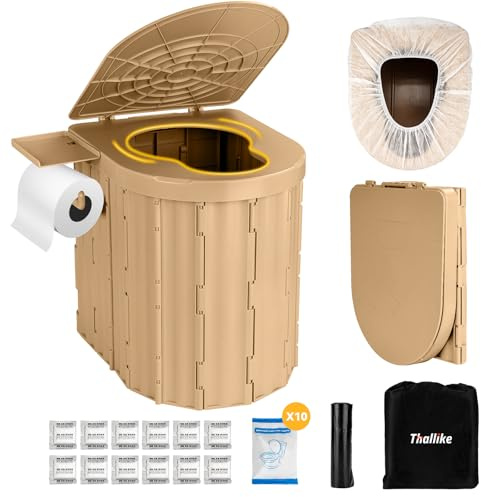 Thallike Inodoro portátil mejorado de 15 pulgadas para adultos con tapa y soporte de papel extraíble, orinal plegable para camping, senderismo y viajes por carretera