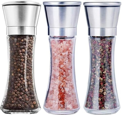 AMZMUKAUP Salt and Pepper Mill, Set of 3 with Adjustable Ceramic Grinder, Pepper Mill, Chili Mill for Salt, Spices, Pepper Mills (19 cm x 6.5 cm, without Spice Content)