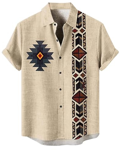 RUMAOZIA, Camicia da uomo casual, stile africano dashiki, stampa western cowboy retrò, a maniche corte, estiva, stile etnico, a revers, camicia hawaiana, blusa da spiaggia, top con bottoni, O kaki