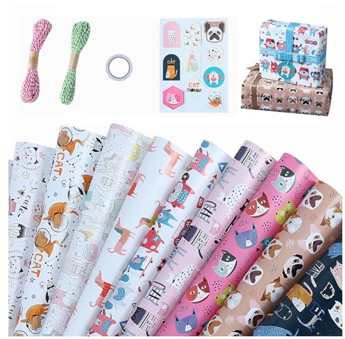 Papier Cadeau Set, 9 Feuilles Papier Emballage Cadeau 70 * 50cm Papier Cadeau Anniversaire Animaux Colorés Avec Accessoires d'emballage pour Toutes Les Fêtes d'anniversaire et Occasions Spéciales