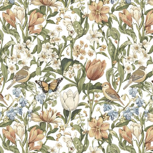 Yomshi Vintage blommor tapet självhäftande med fågelmönster – 44 cm x 3 m väggtapet dekorativ folie i grönt och guld – retro blomtapet för vardagsrum, sovrum och badrum viktoriansk väggdekoration