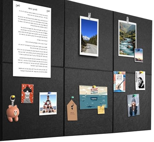 Bacheca Grande 90x60cm Bacheca in Feltro Autoadesiva con 60 Puntine da Disegno, 6 Pezzi Spessore 9mm Bacheca, Vision Board per Foto, Promemoria Bacheca per Casa Cucina Ufficio Scuola, Nero