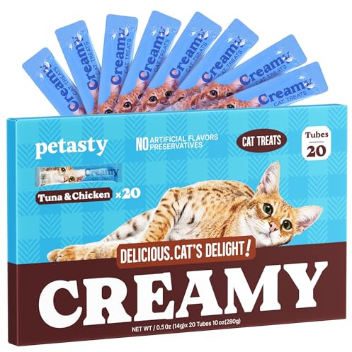 PETASTY Lickable Cat Treats, High Moisture Hydrating Creamy Puree Squeeze Tubes, Tuna & Chicken, 20 Tubes 0.5oz, Grain-Free, Omega Oils & Vitamin E, Skin&Coat Health, Digestive and Immune Support