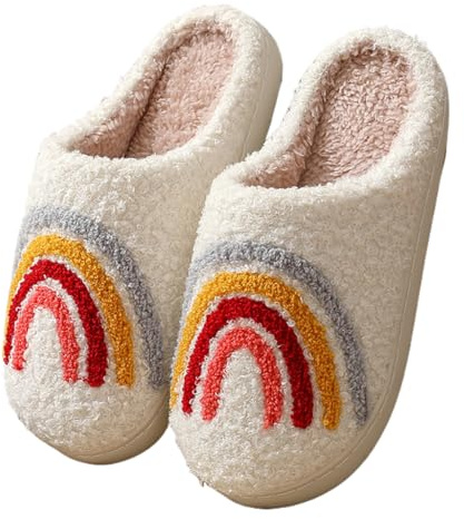 Furry House Slippers for Women/Men Warm Indoor Non-Slip Winter Shoes Rainbow Slippers Indoor Shoes