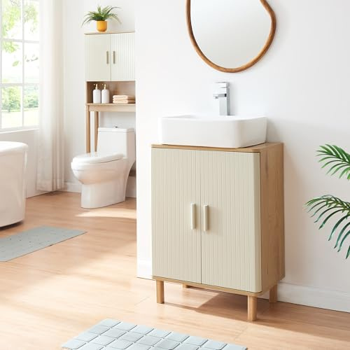 [en.casa] Mobile Sottolavabo da Terra a 2 Ante Armadio da Bagno Sotto Lavandino con 2 Ripiani e Ritaglio Sifone Lavanderia 80 x 60 x 35 cm - Effetto Rovere/Avena Oatmeal