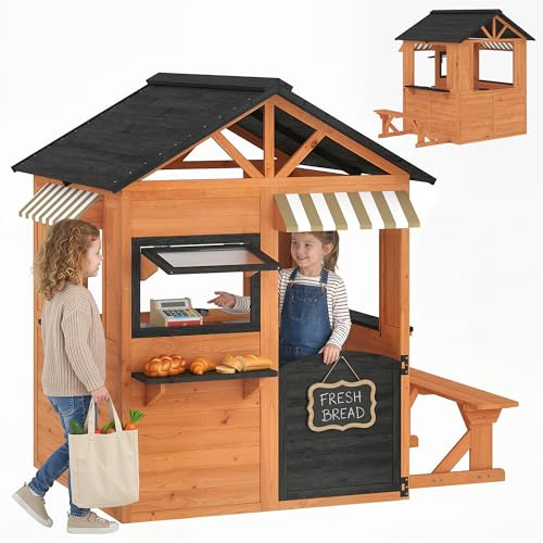 AIYAPLAY Grande Casetta da Giardino per Bambini in Legno di Abete, Casetta per Bambini da Esterno con Cucina, 4 Finestre, Mezza Porta, Panchina, Ripiano e Tetto, per 3-8 Anni, 171.5x146x156cm, Marrone