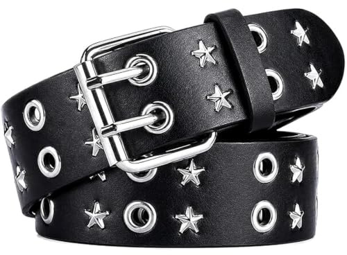 Double Grommet PU Leather Belt for Women, 42/ 105cm Star Hole Eyelet Waist Belt with Metal Buckle, 2026 Punk Goth Style Ladies Studded Belt for Jeans Pants Dresses Cosplay and Halloween Outfits