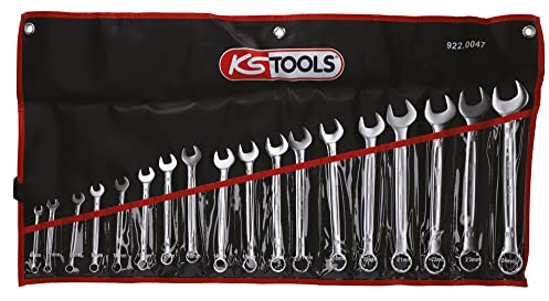 KS TOOLS - 922.0047 - Jeu de 18 clés mixtes métriques - Clé plate à cliquet en trousse - Composé de 18 pièces de 6 à 24 mm - Angle de fourche et œil incliné à 15°