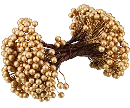 BBTO Artificial Holly Berries on Wire Stems, 250 Stems with 500 Pieces 8 mm Fake Berries for Tree Decorations Wreath Craft Use Wedding Party Favor (Gold)