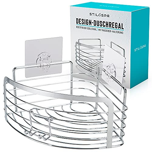 STILOSPA Duschregal, selbstklebend, ohne Bohren, mit Halterung, aus Edelstahl | für Ecke, zum Kleben, Duschkorb, Eckregal für Badezimmer, Duschablage