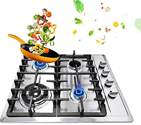 Lightakai Cuisinière à gaz, 4 feux, encastrable, en acier inoxydable, pour gaz naturel, argenté, 59 x 51 cm