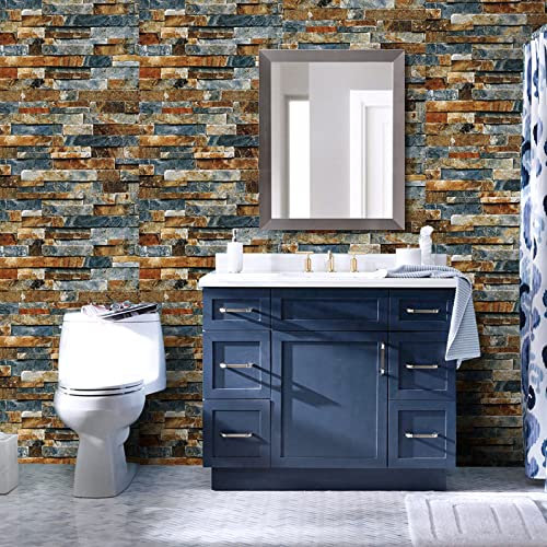 JOLIHOME Papel Pintado Efecto Piedra Marrón y Azul 44.5x500cm Papel Tapiz Autoadhesivo 3D Vintage Papel de Contacto Para Pared Dormitorio Baño Cocina
