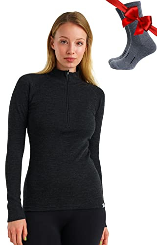 Merino.tech Demi-Zip Pull Femme Laine Mérinos - 100% sous Vetement Merinos Femme Léger, Moyen, Lourd et Chaussettes (Small, 250 Charcoal Grey)