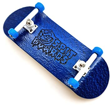 SPITBOARDS Fingerskateboard 34 mm, helt i trä, förmonterad, 5 lager, Pro-truckar, CNC-bärhjul, skumgrepptejp, (bräda: blå, truckar: vit, hjul: ljusblå)