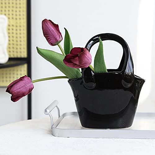 BestAlice Vaso in ceramica per fiori, vaso di fiori a forma di borsa nera con maniglie, vaso creativo in ceramica per centrotavola, decorazione per la casa di nozze