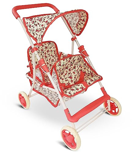 Double Doll Stroller for Twin Dolls & Toddlers - 25' Floral Tandem Play Toy Stroller
