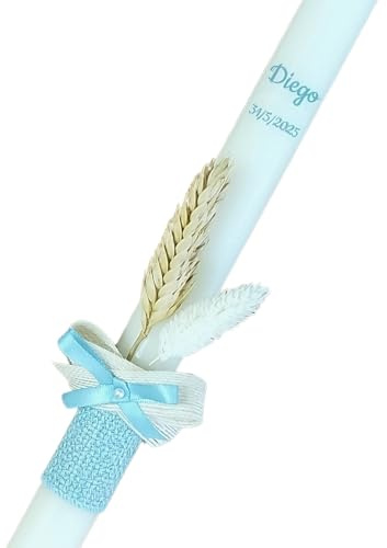LA BELLA CANDELA Vela Cirio de Bautizo para Niña o Niño. Decorada con Flores y Cintas. Personalizada a mano de forma Artesanal. Color Natural 2,5x30cm.