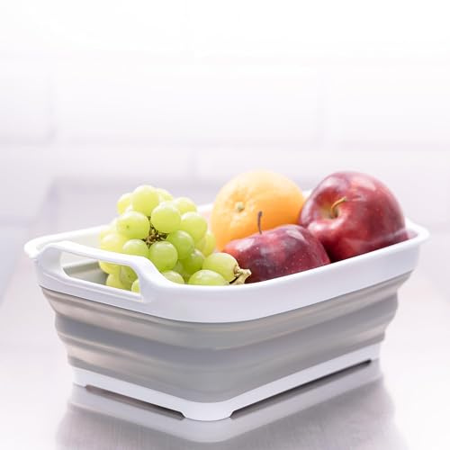 SAMMART Collapsible Tub - Foldable Dish Tub - Portable Washing Basin - Space Saving Plastic Washtub (Size S, White/Grey)