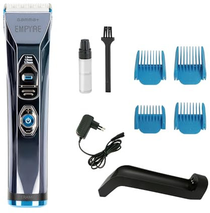 GAMMA+ Empyre Tondeuse à Cheveux Professionnelle Homme, Clipper avec Moteur Rotatif à 3 Vitesses, Lame en Céramique Blanche, 300 Minutes d'autonomie sans fil, 4 Peignes, Bouton Lame Réglable
