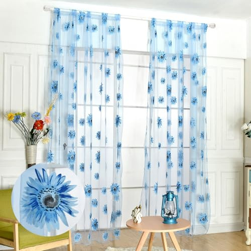 Sunflower Window Curtain, 2PCS Sun Flower Floral Voile Sheer Curtain Panels Tulle Room Salix Leaf Sheer Gauze Curtain for Living Room, Bedroom, Balcony - Rod Pocket Top (Blue Flower, 100*200cm)
