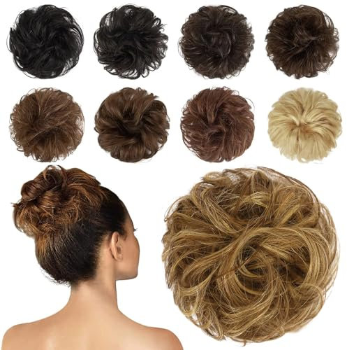 FESHFEN Human Hair Messy Buns, 100% Human Hair Bun Hair Piece Real Hair Extension Wavy Curly Hair Scrunchies Tousled Updo Chignon Hairpieces for Women Girls, Light Brown Mixed Blonde