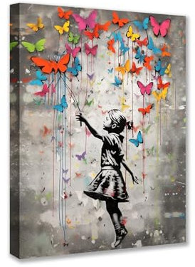 Tucocoo 1 Piece Canvas Wall Art Banksy Little Girl Pictures Butterfly Street Graffiti Paintings Contemporary Artwork Home Decor for Living Room Wooden Framed Gallery-wrapped Ready to Hang 12x16 inch