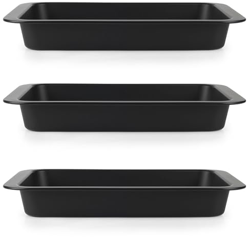 Salter COMBO-9015 Bakes Roasting Tin Set – 3 Pack 36cm Non-Stick Roaster Tray, Deep Baking Pan Cake Mould, Oven Safe Up to 220°C, PFOA-Free, Roast Meat/Vegetables, Bake Traybakes/Pies/Pastries, Black