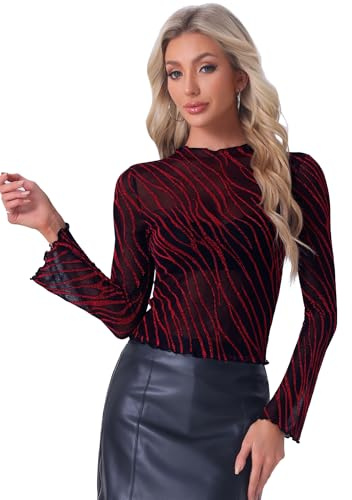 Allegra K Haut en Maille Transparente Femme Chemisie en Tulle Sexy Extensible Top à Paillettes Rayé Blouse Manches Longues Évasées Col Montant Rouge L
