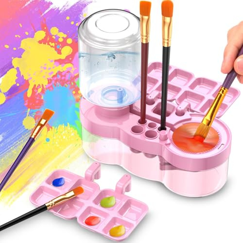Limpiador de pinceles, Brush Cleaner, Enjuagador de pinceles con ciclo de agua, Sistema de ciclo de agua dulce, Limpiador de pinceles para acrílicos y pinturas a base de agua (Rosa transparente)