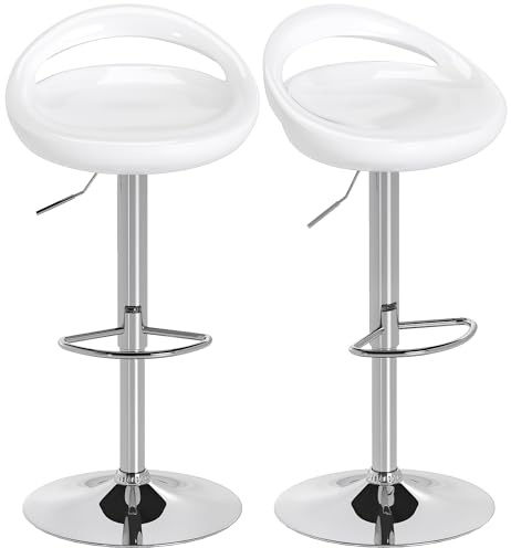 HOMCOM Set 2 Sgabelli da Bar Alti, Sgabelli Girevoli a 360°, con Schienale e Poggiapiedi, Altezza Regolabile, Base in Acciaio, per Sala da Pranzo e Cucina, 46x41x76-96cm, Bianco