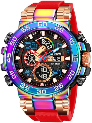 findtime Bunte Uhren Herren 5ATM Wasserdicht Digitaluhr mit Doppelzeit 12/24H Anzeig LED Datum Stoppuhr Große Herrenuhr Cooles Militär Design Rot