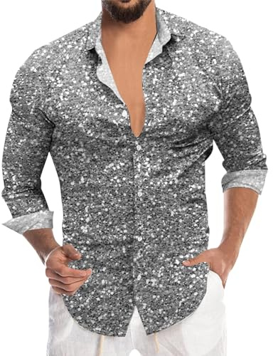 Chemise Homme à Paillettes, Costume Disco Homme, Chemise à Manche Longue, Col Montant, Coupe Ample, Argent, L