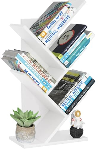 Accmuzzy Tree Shape Bookcase, 4 Levels Desk Bookcase, Wood, Small Bookcase for Books, CD Shelf, Desk Shelf - Easy to Assemble (White, 23.62 in | 4 Levels)