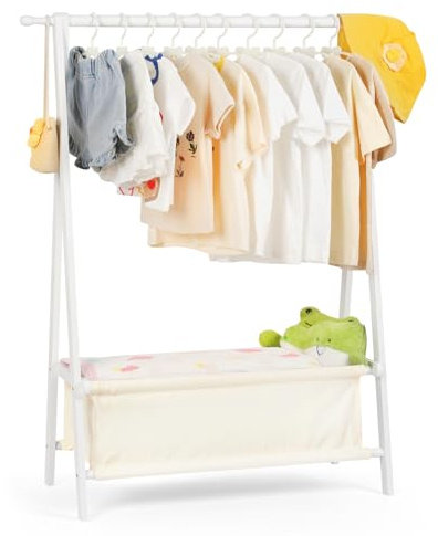 Relquorax Appendiabiti per bambini con portaoggetti, appendiabiti per bambini, piccoli indumenti, per costumi, in bambù (bianco)
