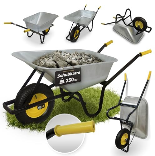 Carretilla con ruedas neumáticas, 85 L, 250 kg, carretilla de construcción, ligera y práctica, carretilla grande, carretilla de jardín, carril deslizante