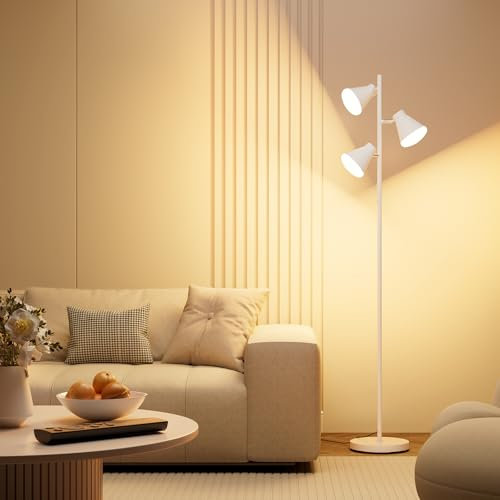 SIBRILLE Lampada da Terra Salotto, 36W 3000lm Piantana Lampada da Terra con Telecomando, 3000K-6500K 3 Luci Moderna Lampade da Terra Dimmerabile Lettura per Soggiorno Camera da letto Ufficio, Bianco