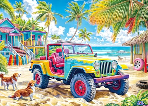 Puzzles 1000 Pieces for Adults jigsaw puzzles for adults-Vibrant Beach Buggy & Colorful Coastal Huts-1000 Piece Puzzle Classic Educational Games Beautiful Decoration Puzzle