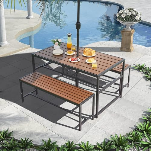 Mesa y Bancos de Picnic, Juego de Comedor para Patio de 4 a 6 Personas, Estructura Metálica, Mesa de Picnic con Agujero para Sombrilla y Estante para Camping Fiesta Barbacoa Exterior Jardín Terraza