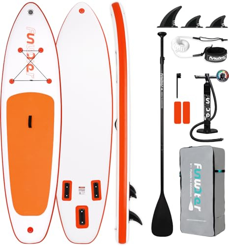 FunWater Aufblasbares Stand Up Padding Board, Ultra-Leicht SUP Board Zubehör: Verstellbares Paddel, Pumpe, Rucksack, Leash, Finnen – Für alle Könnerstufen